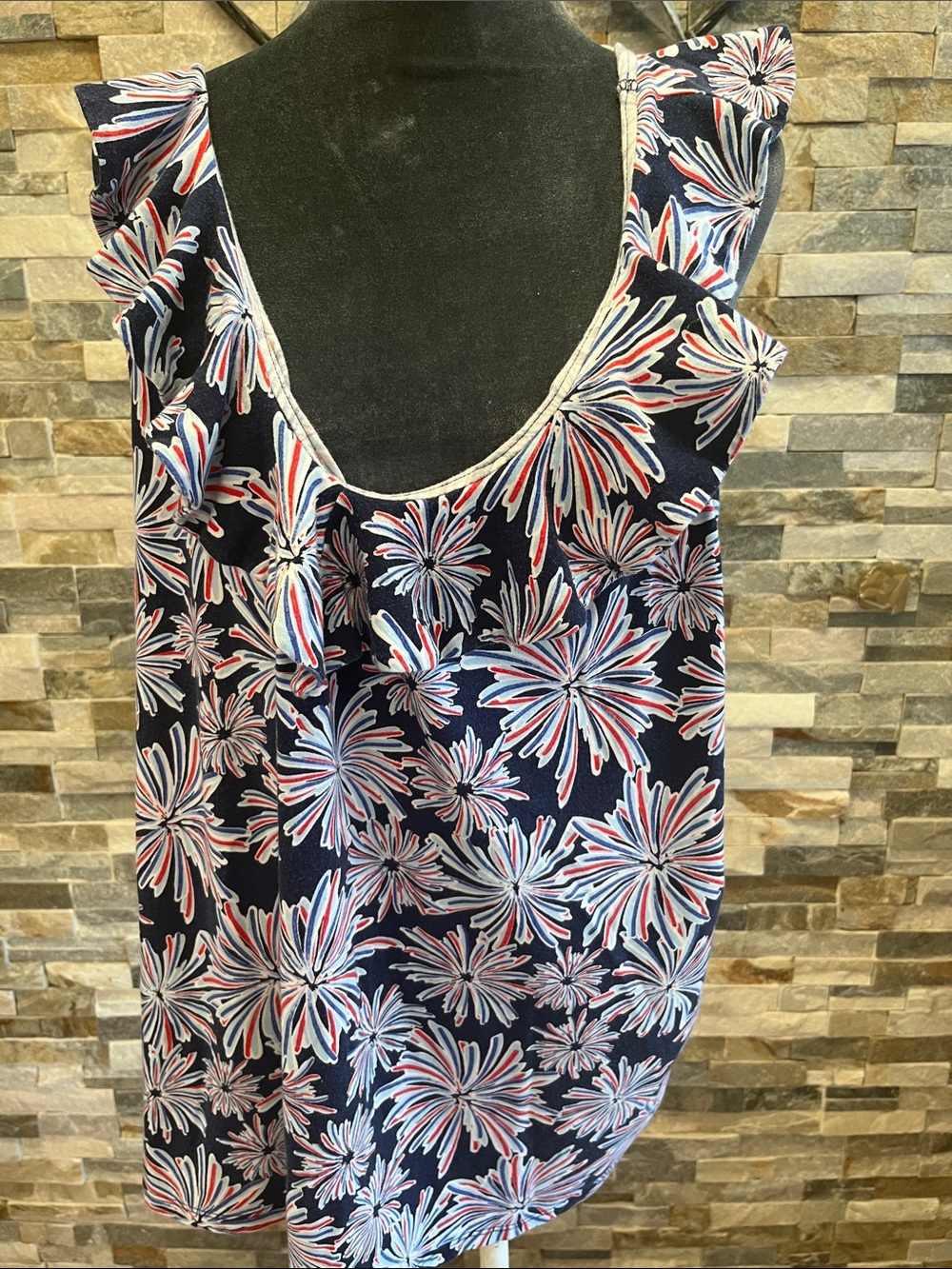 crown & ivy Navy Floral Ruffle Tank with Red and White Accents
